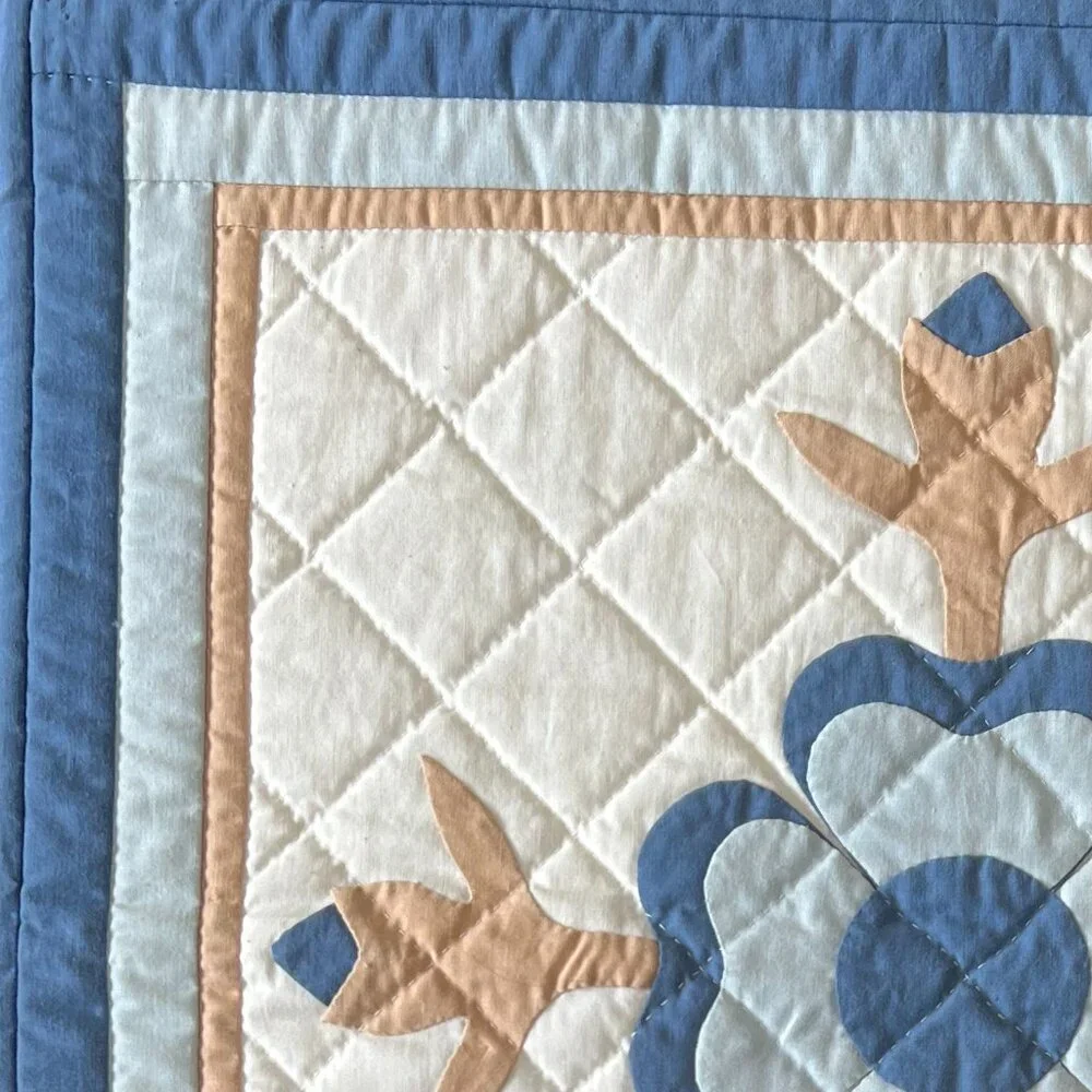 Handmade Hand Stitched Appliqué Quilted Floral Wall Hanging Table Topper Blue